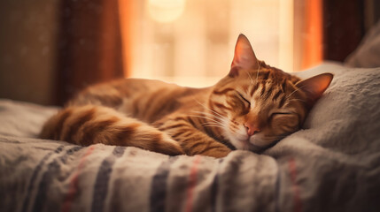 Happy time cute cat sleeping on the bed with blured morning light backgounds, Generative Ai - 619187810