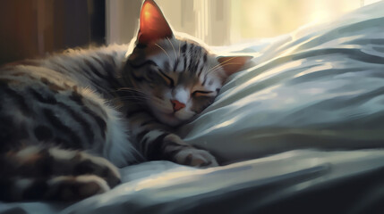 Happy time cute cat sleeping on the bed with blured morning light backgounds, Generative Ai - 619187824