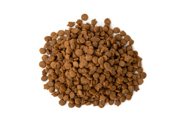 Heap of Dry dog food pellets isolated on white background.Top view