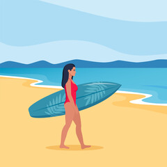 Young brunette walks with a surfboard towards the sea. Vector illustration.