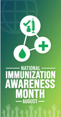 August is National Immunization Awareness Month portrait or vertical background template. Holiday concept. background, banner, placard, card, and poster design template with ribbon, text inscription.