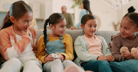 Friends, living room and children play on sofa for bonding, quality time and child development. Love, friendship and happy kids on couch talking, speaking and conversation relax on playdate at home