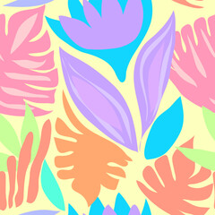  tropical textured leaves, bushes and weeds seamless colorful summer pattern