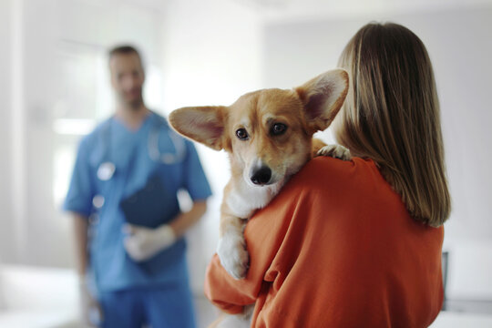 Pet care concept. Woman carrying cute pembroke welsh corgi dog at vet hospital, lady holding her puppy and visiting clinic for regular checkup