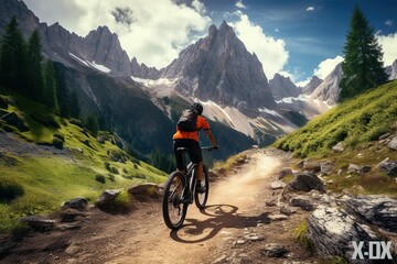 Cyclists riding through a breathtaking mountain trail, surrounded by majestic peaks,Generative AI	