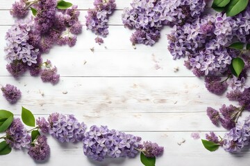 Romantic floral composition with loosely arranged lilac flowers on a rustic white wooden background, spring, gardening or Mother's Day concept, top view flat lay Generative AI