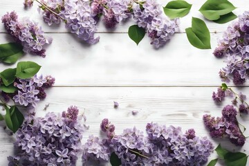 Romantic floral composition with loosely arranged lilac flowers on a rustic white wooden background, spring, gardening or Mother's Day concept, top view flat lay Generative AI