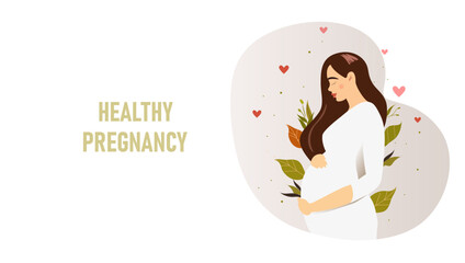 Pretty pregnant woman with long hair on the background of green leaves.Pregnancy banner. Concept of pregnancy, motherhood, family. Side view of a pregnant woman's belly.Vector illustration.