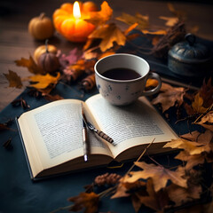Naklejka na ściany i meble Generative AI illustrations , Autumn yellow and orange fall leaves and book, hot cup of coffee.