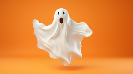 Excited white ghost sprinting, playful Halloween character on a vivid background, space for text, generative ai