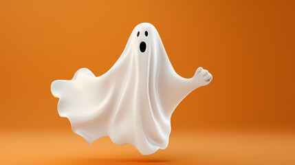 Excited white ghost sprinting, playful Halloween character on a vivid background, space for text, generative ai