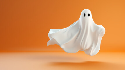 Naklejka premium Excited white ghost sprinting, playful Halloween character on a vivid background, space for text, generative ai