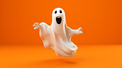 Excited white ghost sprinting, playful Halloween character on a vivid background, space for text, generative ai