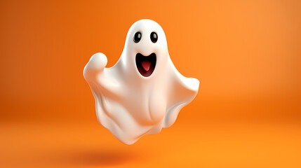 Excited white ghost sprinting, playful Halloween character on a vivid background, space for text, generative ai