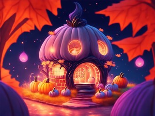 Fanny Halloween pumpkins house. Happy Halloween theme. Digital painting illustration created with Generative AI technology.