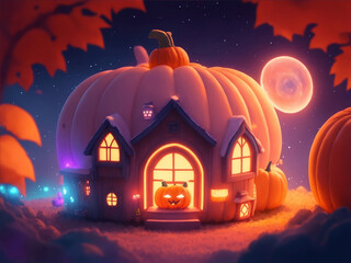 Fanny Halloween pumpkins house. Happy Halloween theme. Digital painting illustration created with Generative AI technology.