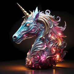 A unicorn head in a shiny, neon night light, in the style of light magenta and light azure