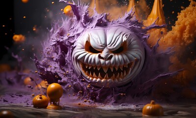A yellow and purple powdered pumpkin with a scary face, in the style of dimitry roulland
