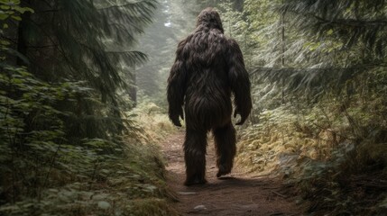 Bigfoot in the forest seen from behind