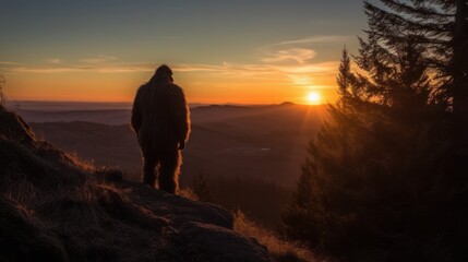 Fototapeta na wymiar Bigfoot overlooking a beautiful sunset seen from behind