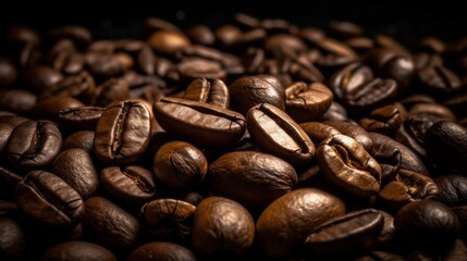 High quality close up of coffee beans with a seamless black background