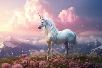 Obraz na płótnie Canvas Magic unicorn in fantastic world with fluffy clouds and fairy meadows Generative AI 