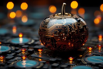 Halloween pumpkin sitting over a circuit circuit board, in the style of futuristic spacescapes, dark gray and red