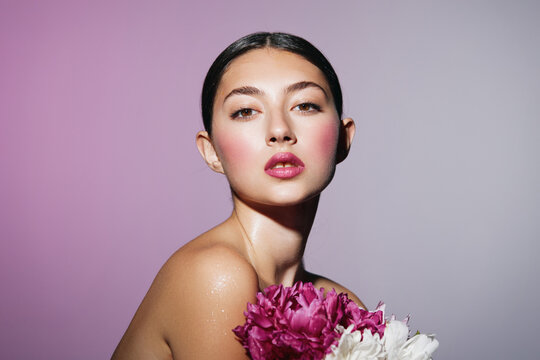 woman pink make-up blush girl concept face flower portrait model beauty