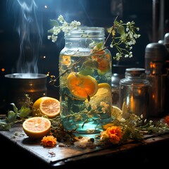 The drink appears to be brewed from herbal infusers, in the style of smokey background