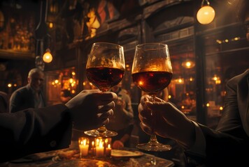 Hands bringing glasses to toast wine at restaurants, in the style of dark maroon and maroon, vibrant and lively hues
