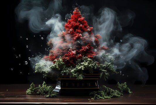 A green christmas tree is made out of foam, in the style of dark indigo and red, black background