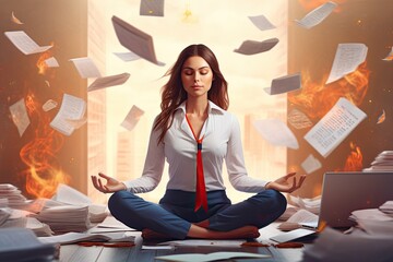 Generative AI illustration of calm business woman female leader woman sitting in lotus position meditating in office feels calmness throw documents business conflict quarrel on background - obrazy, fototapety, plakaty