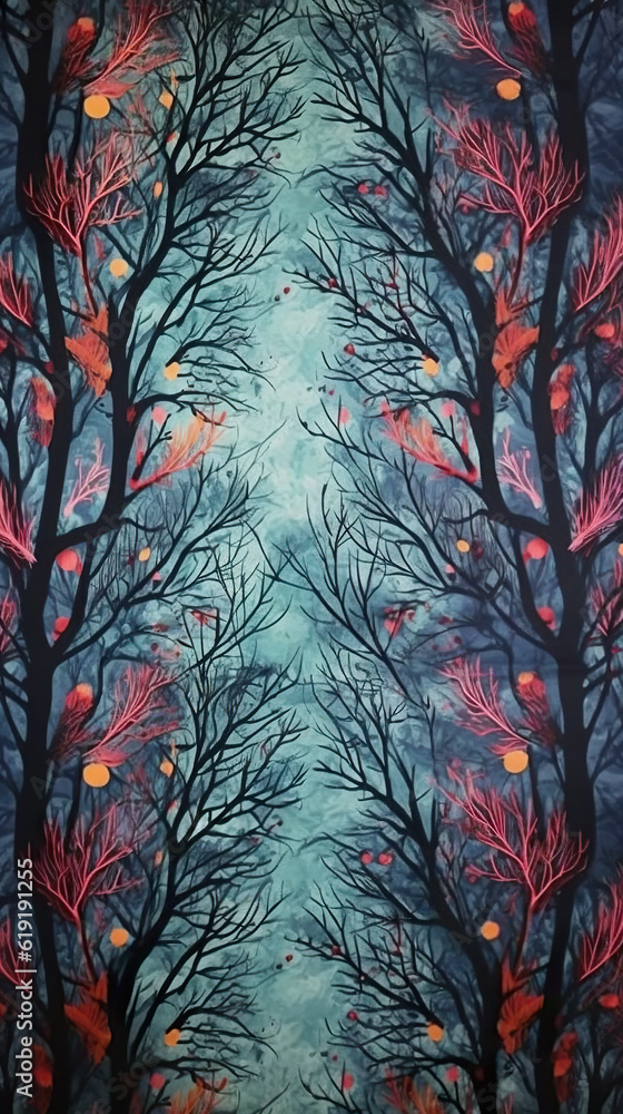 Poster a painting of trees and leaves in a forest. generative ai.