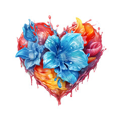 Beautiful Watercolor colorful flower dripping heart isolated on transparent background, png cutout, generative ai