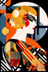 Woman in retro clothes, Bauhaus style background, trendy 20s geometric design poster design, generative AI digital art.
