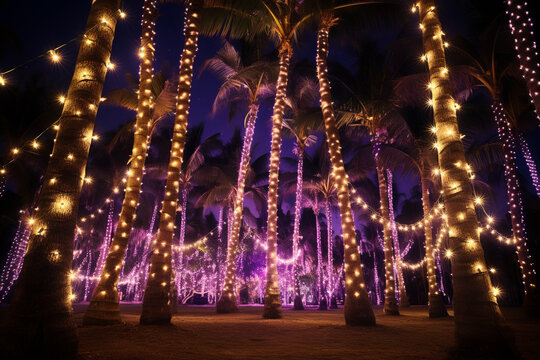 palm tree adorned with festive fairy lights. Palm leaves decorated with garlands of luminous lights against the sky on a warm southern night. High quality photo