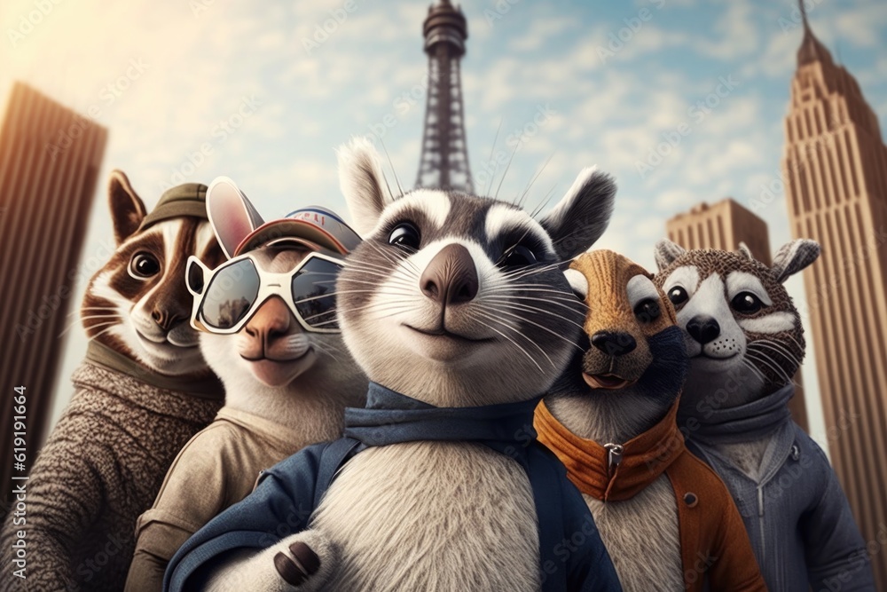 Poster group of funny animals on the background of the eiffel tower