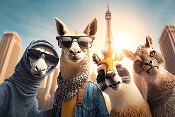 Funny llamas taking selfie with eiffel tower in the background