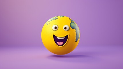 Fototapeta premium Running Globe, Whimsical Image of a Yellow Earth in Action, Isolated on Purple, Emphasizing Imagination and Environmental Awareness, generative ai.