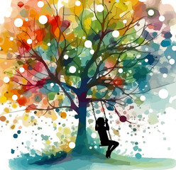 Plakat The girl swings on a swing on a rainbow tree. Dreams. Happy childhood. Joy and serenity. Vector illustration