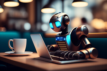 a robot sitting in front of a laptop computer, endless collaboration with ai, strong artificial intelligence, service robots, machines and futurist robots, artificial intelligence machine, 