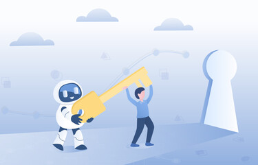 AI robot and a human, carrying a large key to unlock the path to success. Challenging opportunity, inspiration, competition, leadership, partnership, and problem-solving to achieve goals.