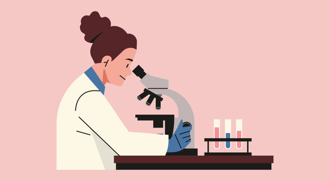 Female Doctor Examining Breast Cancer Cells under Microscope with Test Tube in Research Laboratory, Vector Flat Illustration