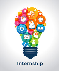 Internship concept. Banner with keywords and icons. Concept with icon of goal, skills, knowledge, mentoring, practice, opportunity, and training.