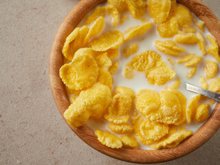 Healthy cornflakes with milk for breakfast
