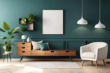 Warm and Cozy Composition of spring living room interior with mock-up poster frame, wooden sideboard, white sofa, green stand, base with leaves, plants, and stylish lamp, Home Decor Generative AI