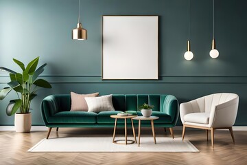 Warm and Cozy Composition of spring living room interior with mock-up poster frame, wooden sideboard, white sofa, green stand, base with leaves, plants, and stylish lamp, Home Decor Generative AI