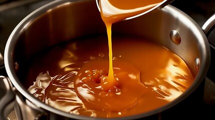 Melted caramel for sweets and cake, the liquid flows into the pan over a spoon. Sweets for a pastry shop on a minimalistic background. Generative AI
