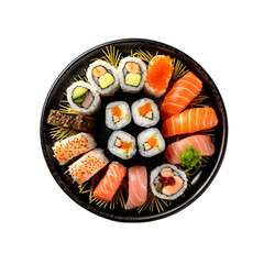 Traditional Set sushi rolls with salmon, eel, nori leaves, cucumber, avocado, and cream cheese inside isolated Transparent Background. Png Cutout. Generative Ai