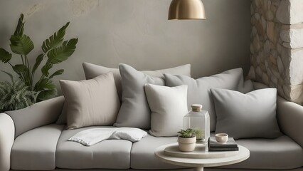 A light grey living room sofa decorated with pillows, a lamp, a bag, and a plant in front of a natural stone wall.